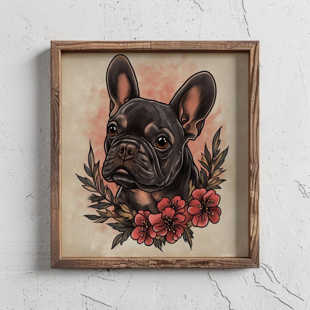 French Bulldog Grey Portrait, Vintage Retro Tattoo Flash Dog Wall Art